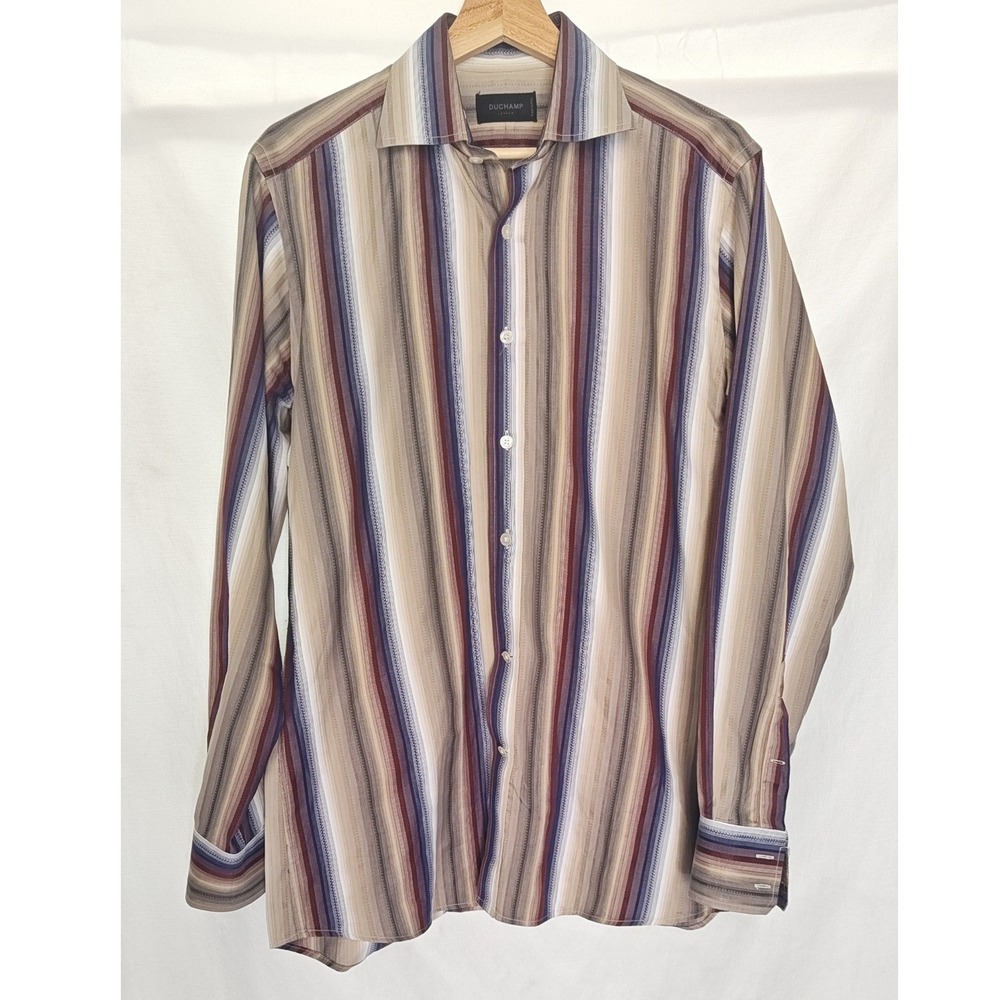 Duchamp London Button Down Shirt 15.5 Cream Brown Blue Red Vertical Stripe‎